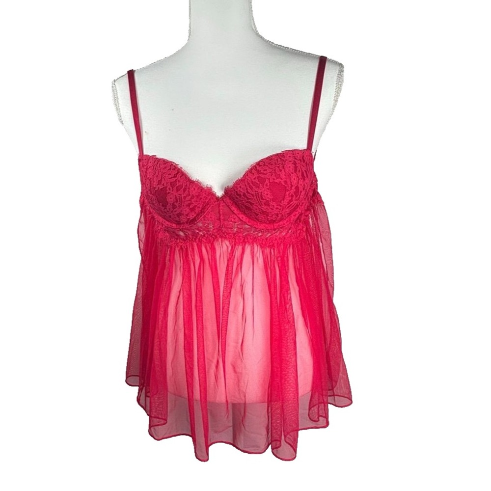 Victoria's Secret Babydoll‎ Lingerie Bra Chemise Red Lace Sheer Halter Top 34B